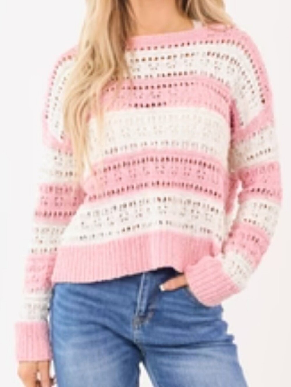 Baby Pink ~~Pink and White Striped Open-Weave Crewneck Sweater